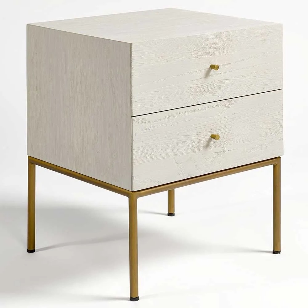 Nightstand in Patinated Greyish White Oak with Aged Gold Metal Legs