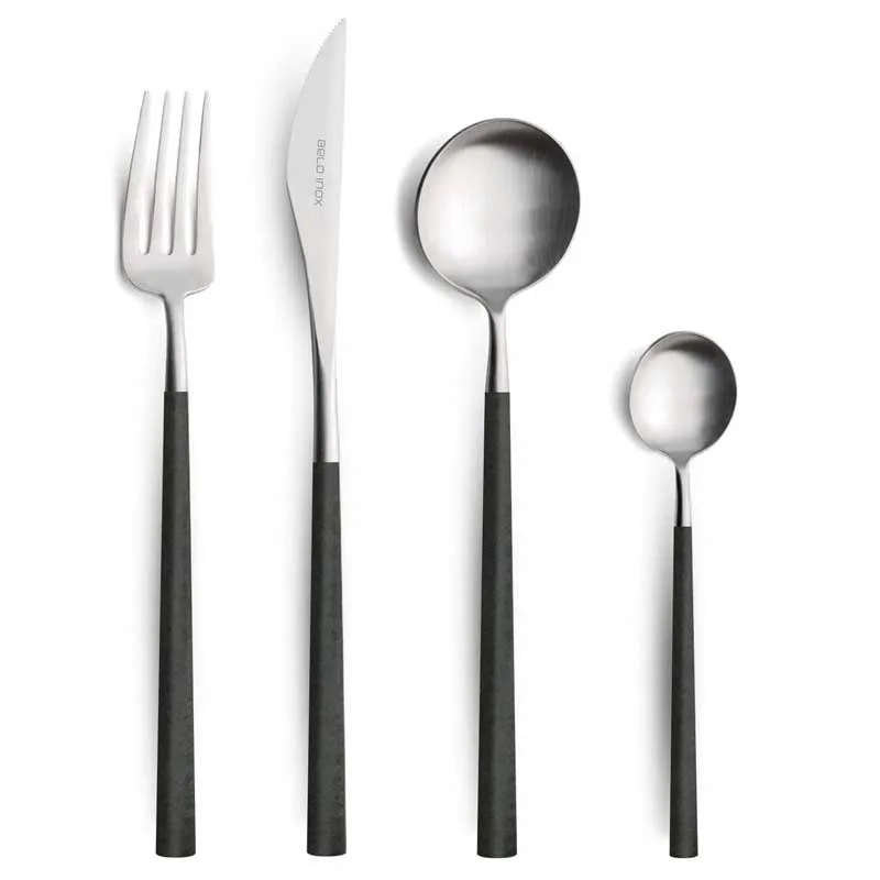 Neo Black fork, knife, spoon and teaspoon with matt black handles and brushed steel heads, on white