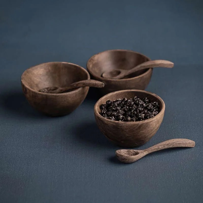 Bol SETTO con cuchara – set de madera gris hecho a mano