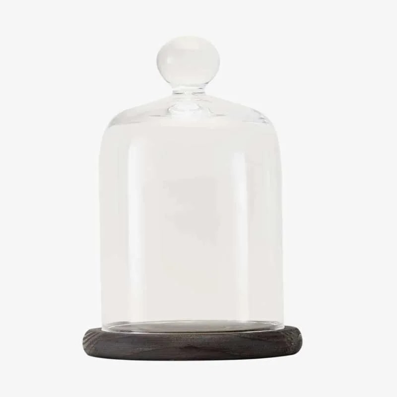 Campana de cristal con base de madera