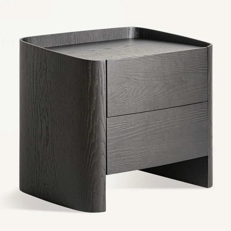Wolfach two-drawer bedside table in black oak veneer with curved sides and a recessed tray top