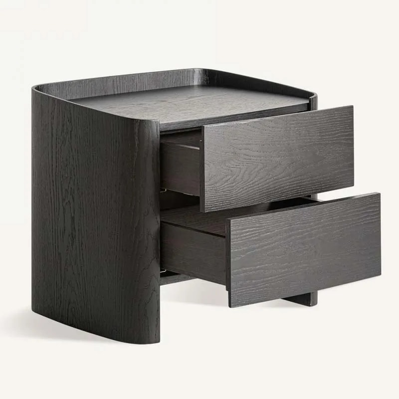 The Wolfach bedside table with both handleless drawers pulled open, showing the interiors