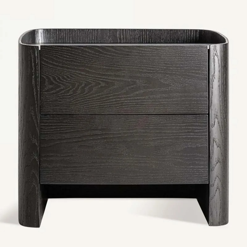 Front view of the Wolfach bedside table with two flush drawers and the raised tray rim