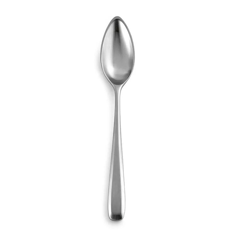 Zoë dessert spoon in matt steel shown upright from above on a white background