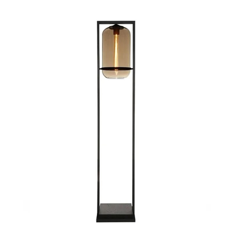 Floor Tube 40 floor lamp with an amber glass tube shade in a slim black rectangular frame, front view