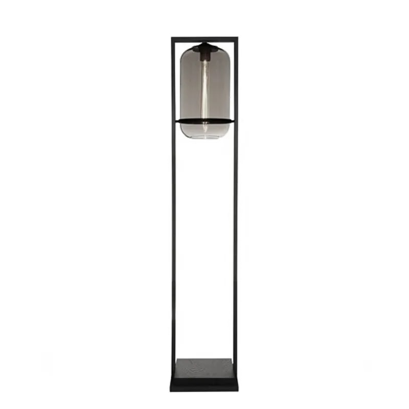 Floor Tube 40 floor lamp with a smoke grey glass tube shade in a black frame on a dark base, front view