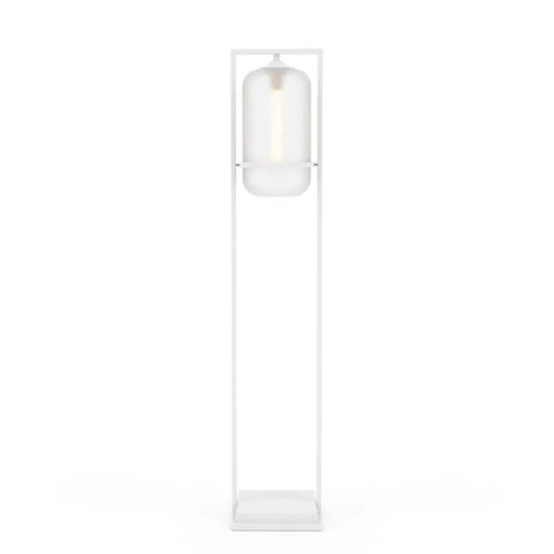 Floor Tube 40 floor lamp with a frosted white glass tube shade in a white rectangular frame, front view