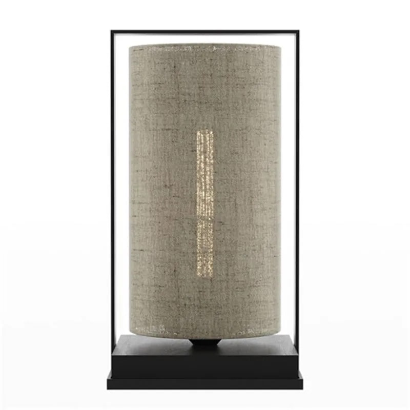 Tube Wood Fabric 40 table lamp with a lit natural linen cylinder shade in a slim black frame, front view