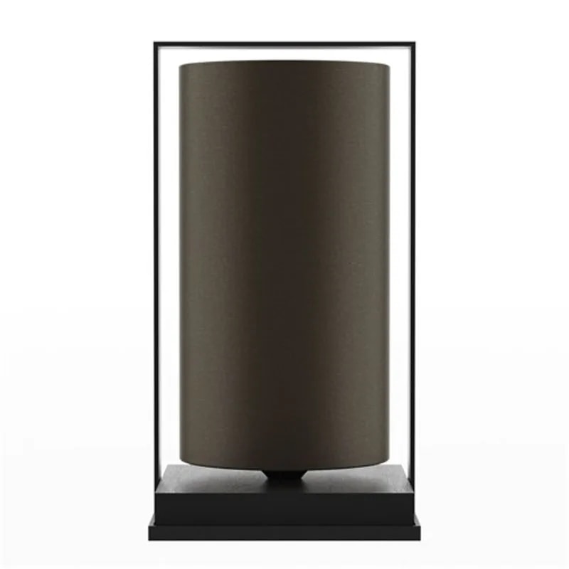Tube Wood Fabric 40 table lamp with an unlit dark brown cylinder shade in a black frame on a black wood base