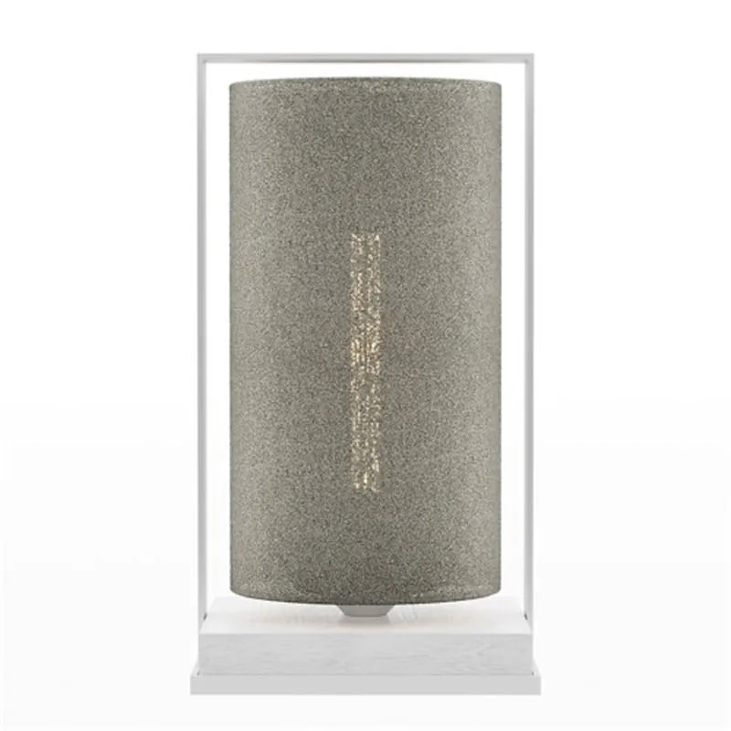 Tube Wood Fabric 40 table lamp with a speckled grey cylinder shade in a white frame on a white wood base, lit