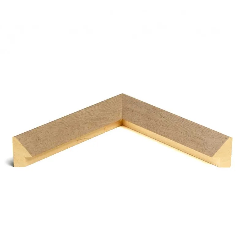 Corner sample of the brushed light oak frame moulding for the Incandescent print, with a sloped profile