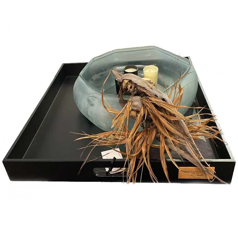 Large square black wooden Sequoia tray styled with a blue glass bowl, candles and dried botanicals