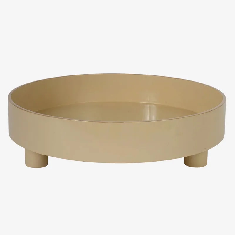 Round lacquer tray w legs latte