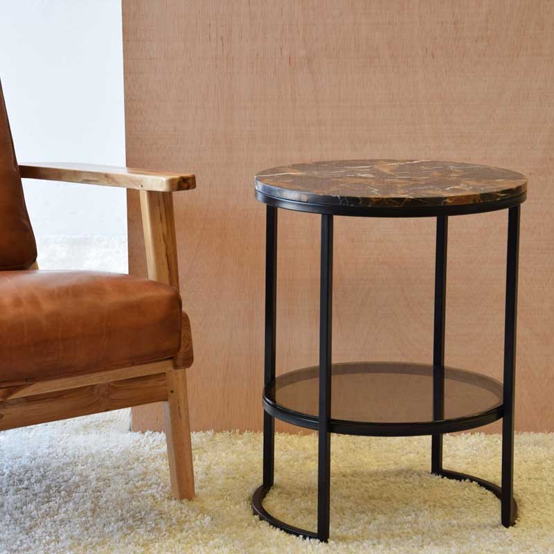 Side table marble top glass shelf and black metal