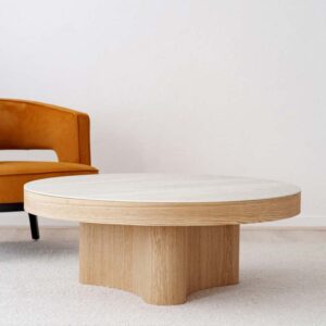 Coffee Table Curve: Grey Ceramic and Ash Veneer for a Natural Aesthetic