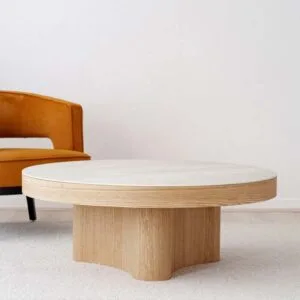 Coffee Table Curve: Grey Ceramic and Ash Veneer for a Natural Aesthetic