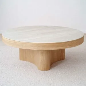 Coffee Table Curve: Grey Ceramic and Ash Veneer for a Natural Aesthetic