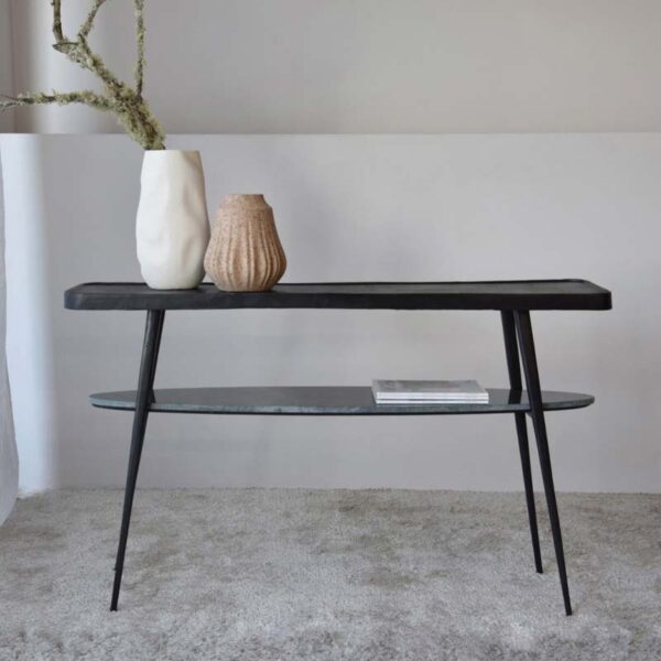 Lena Console: Black Metal and Green Marble with Timeless Elegance