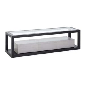 Mueble TV Cristal Madera de Cedro Negro/Natural con Pátina Gris, 160 Cm