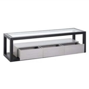 Mueble TV Cristal Madera de Cedro Negro/Natural con Pátina Gris, 160 Cm