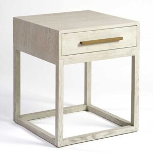 Mesita de noche en acabado de roble blanco grisáceo con base abierta de madera