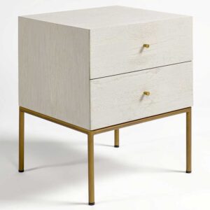 Mesita de noche en roble blanco grisáceo patinado con patas metálicas en dorado envejecido